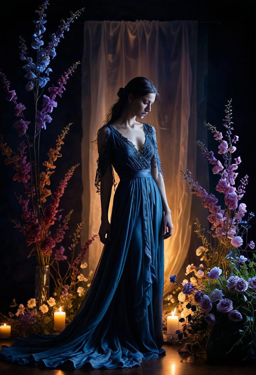 A somber yet striking scene of a solitary figure draped in flowing fabrics, surrounded by withering flowers and soft candlelight, capturing the essence of both sadness and beauty. The background fades into soft shadows, emphasizing a deep emotional atmosphere. Wisps of mist curl gently around the figure, enhancing a sense of introspection and sensuality. Rich, muted tones of blue and deep purple create a dreamy yet melancholic vibe. surrealism, moody lighting.