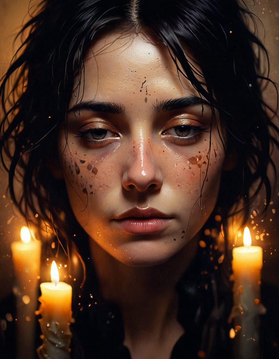 A delicate fusion of a tear-streaked face and a shadowy silhouette, surrounded by softly cascading petals and dim candlelight, symbolizing the intertwining of sorrow and sensuality. The background should depict abstract wisps of muted colors, enhancing the emotional depth. The image should evoke a sense of wistful beauty, capturing the essence of melancholy. painting. muted colors. soft focus.
