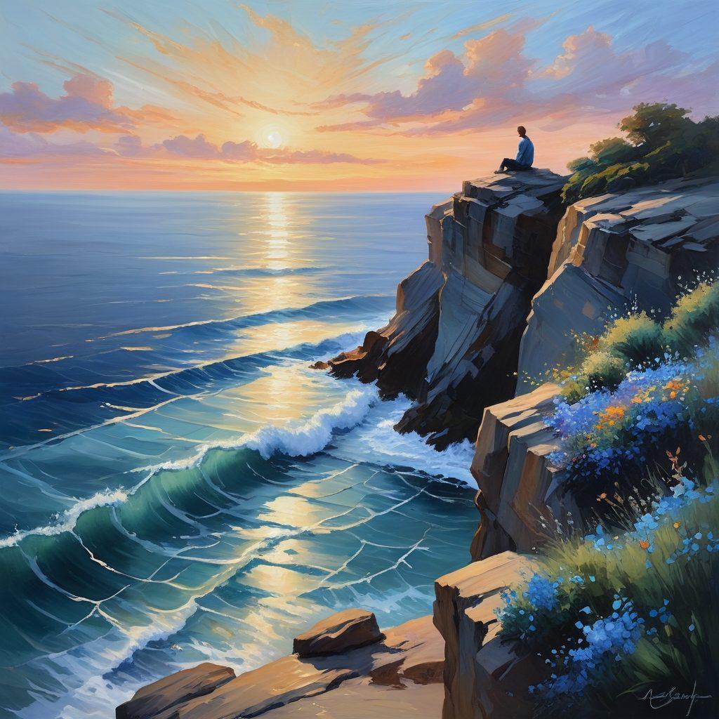 A serene landscape painted in shades of blue, capturing a figure sitting on a cliff, gazing out at a tranquil sea under a twilight sky, with waves symbolizing grief and desire. Soft, flowing brush strokes create an emotional connection, and delicate petals floating in the air reflect longing and remembrance. The overall mood is contemplative and soothing. impressionist. calming tones.